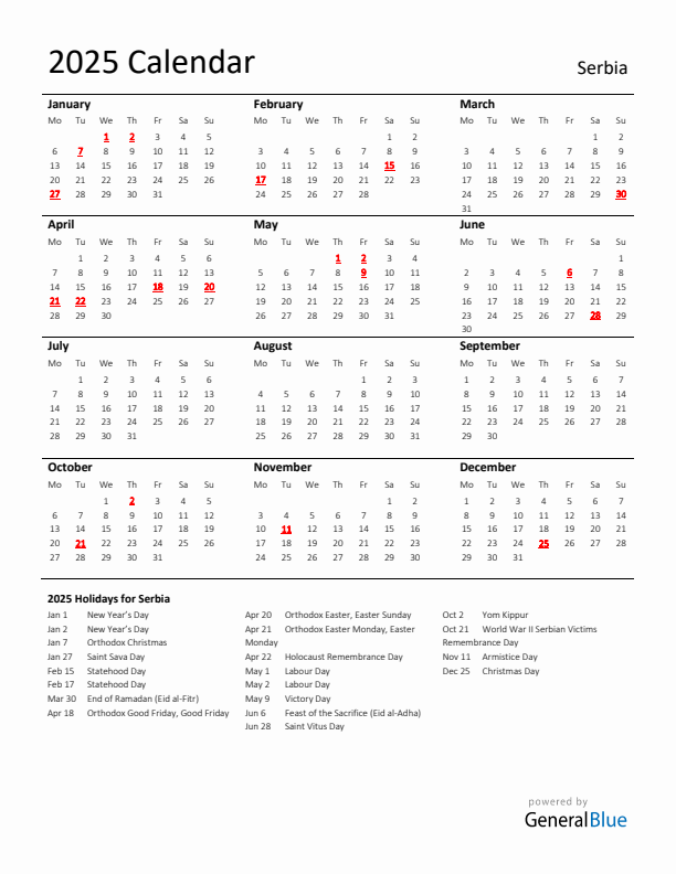 Standard Holiday Calendar for 2025 with Serbia Holidays