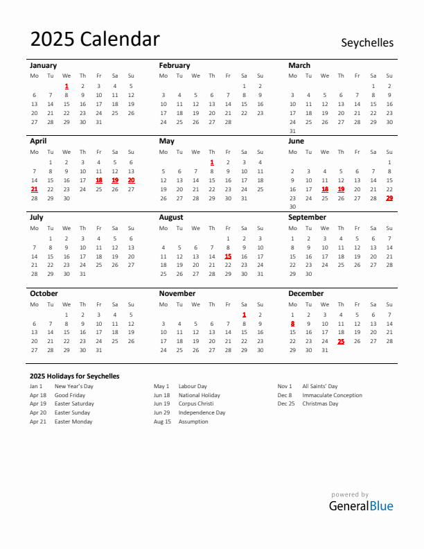 Standard Holiday Calendar for 2025 with Seychelles Holidays