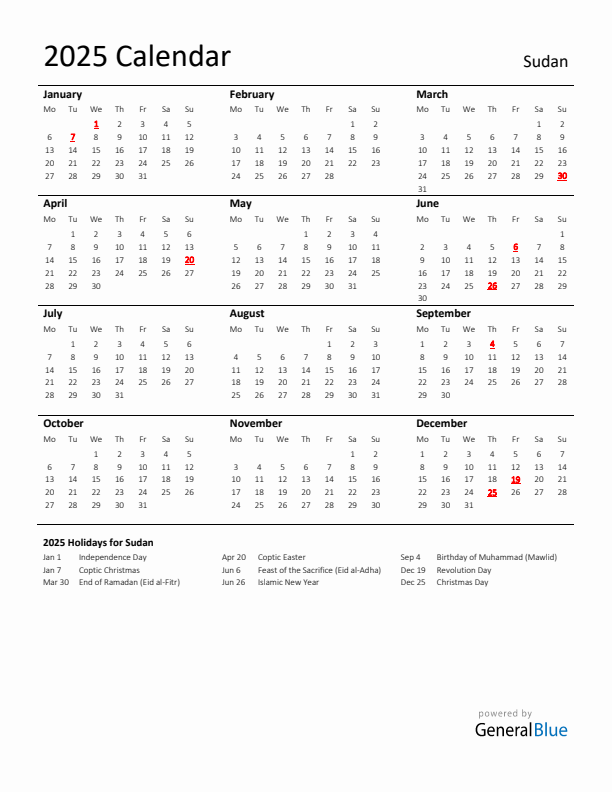 Standard Holiday Calendar for 2025 with Sudan Holidays 