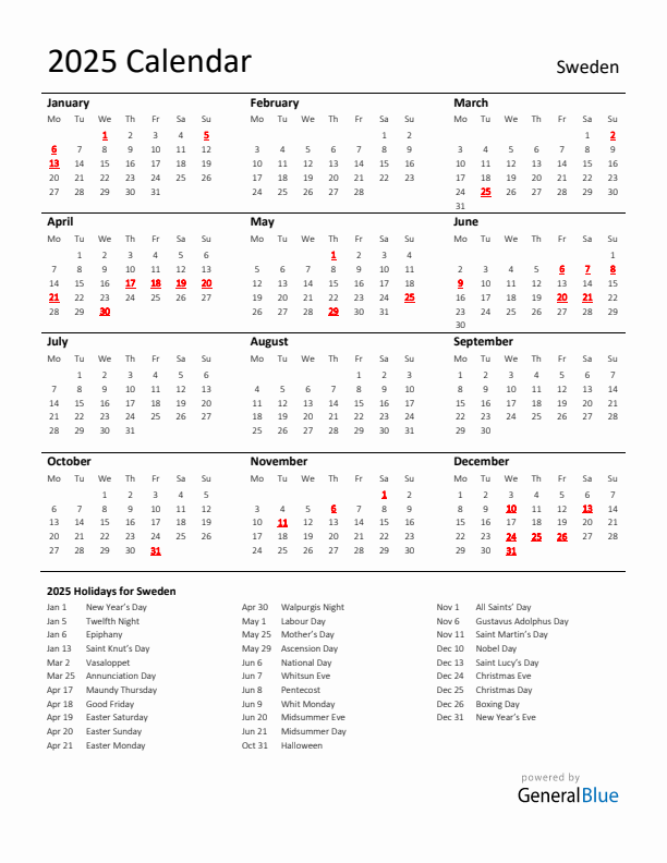 Standard Holiday Calendar for 2025 with Sweden Holidays
