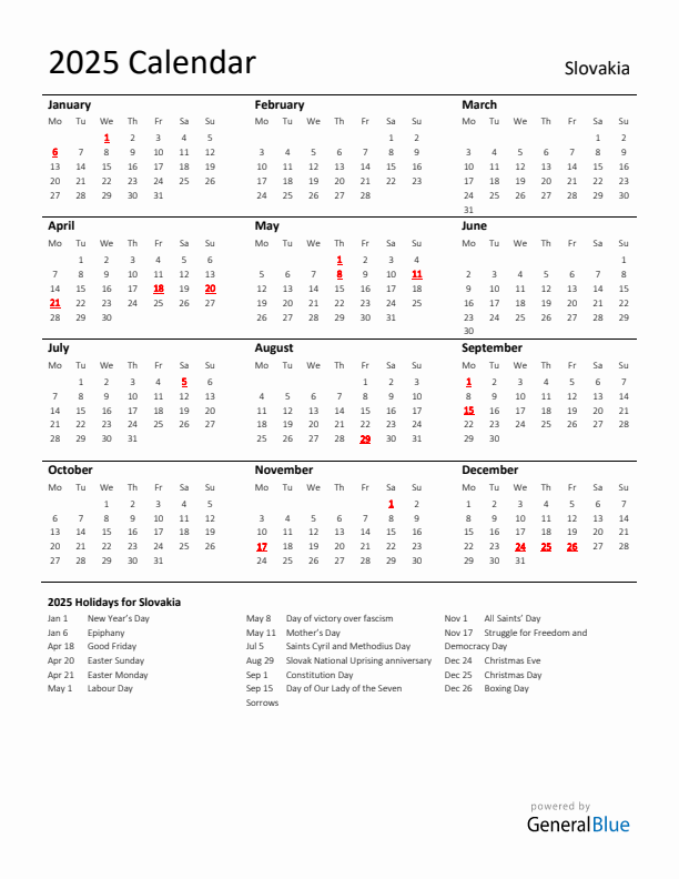 Standard Holiday Calendar for 2025 with Slovakia Holidays