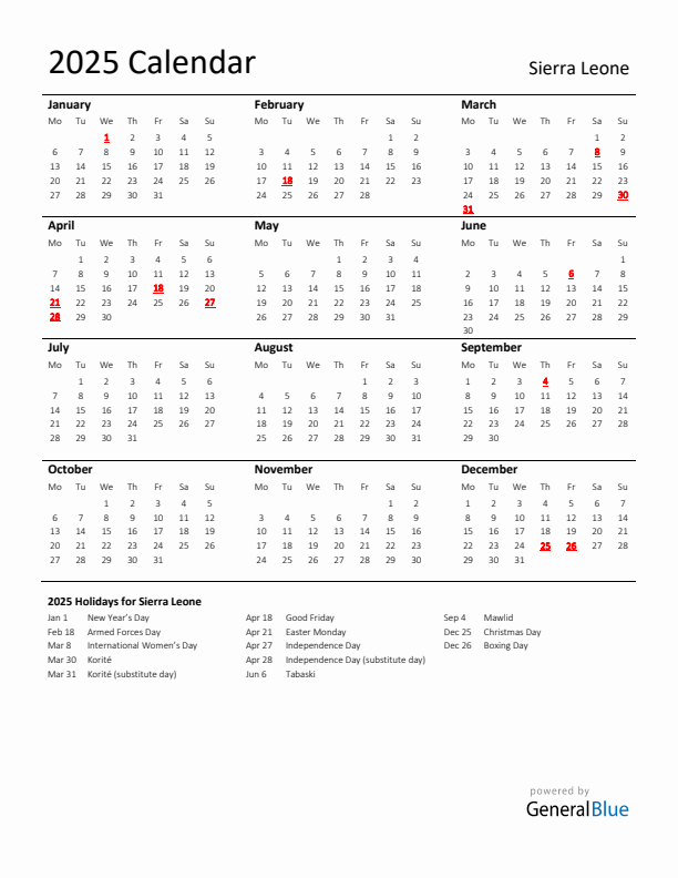 Standard Holiday Calendar for 2025 with Sierra Leone Holidays 