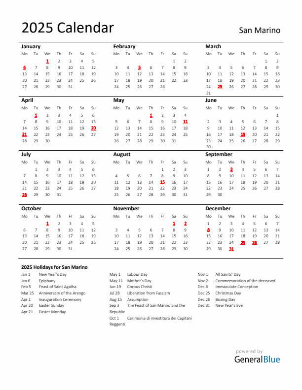 Standard Holiday Calendar for 2025 with San Marino Holidays