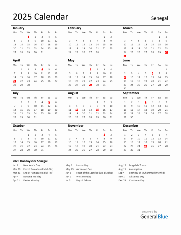 Standard Holiday Calendar for 2025 with Senegal Holidays 