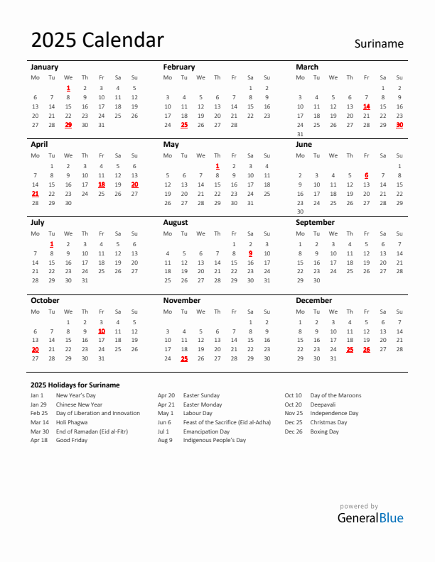 Standard Holiday Calendar for 2025 with Suriname Holidays 