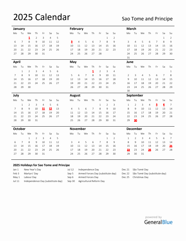 Standard Holiday Calendar for 2025 with Sao Tome and Principe Holidays 