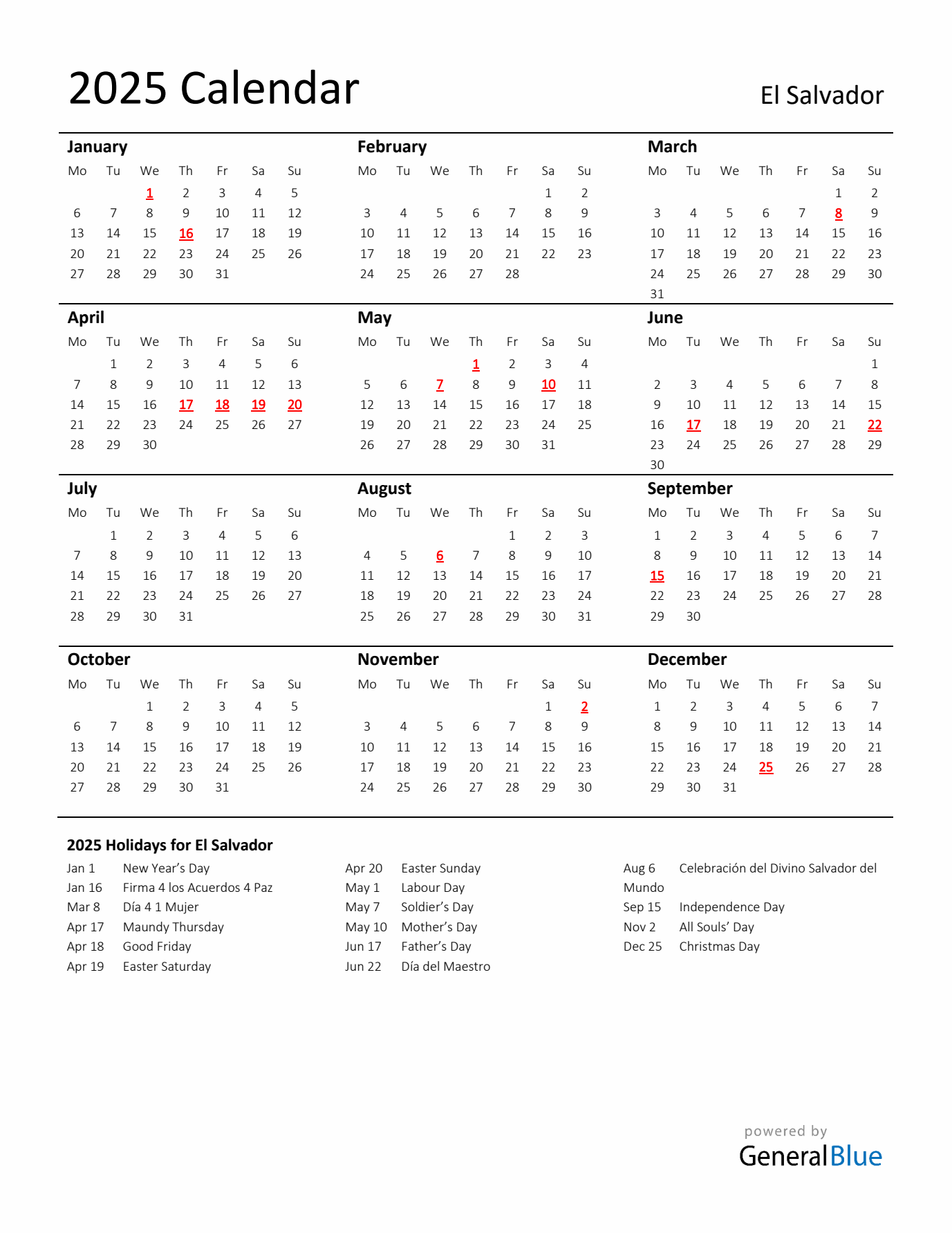 Standard Holiday Calendar for 2025 with El Salvador Holidays