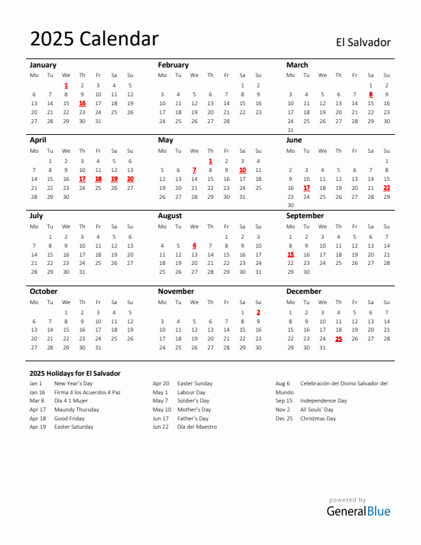 Standard Holiday Calendar for 2025 with El Salvador Holidays