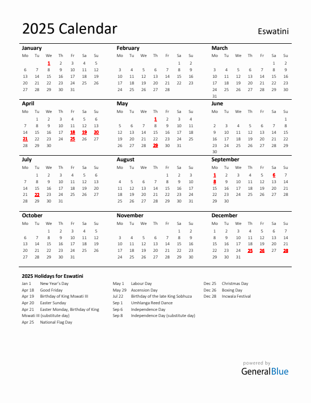 Standard Holiday Calendar for 2025 with Eswatini Holidays 