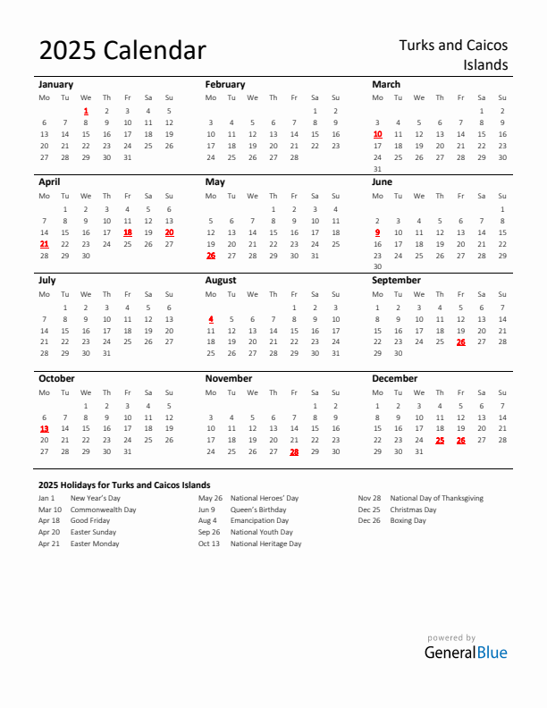 Standard Holiday Calendar for 2025 with Turks and Caicos Islands Holidays 