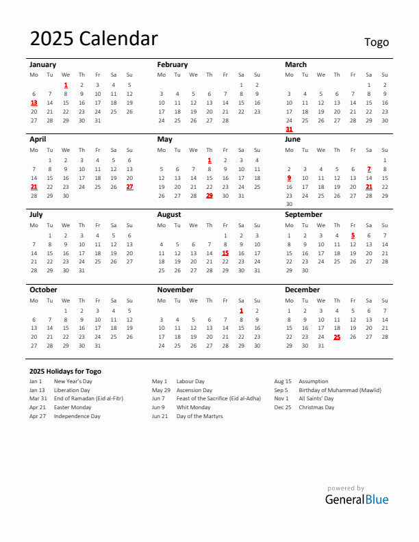 Standard Holiday Calendar for 2025 with Togo Holidays