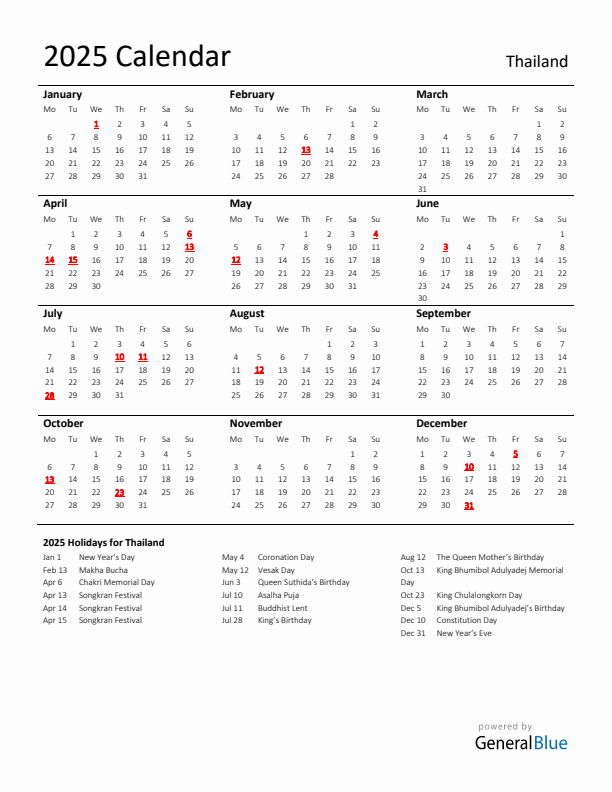 Standard Holiday Calendar for 2025 with Thailand Holidays 