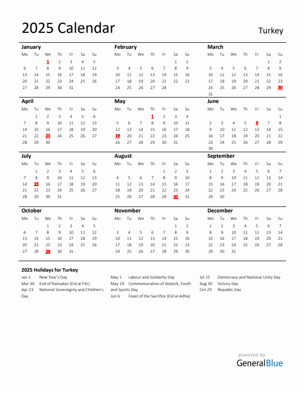 Standard Holiday Calendar for 2025 with Turkey Holidays
