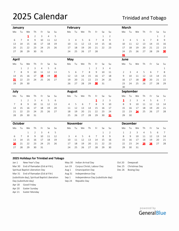 Standard Holiday Calendar for 2025 with Trinidad and Tobago Holidays 