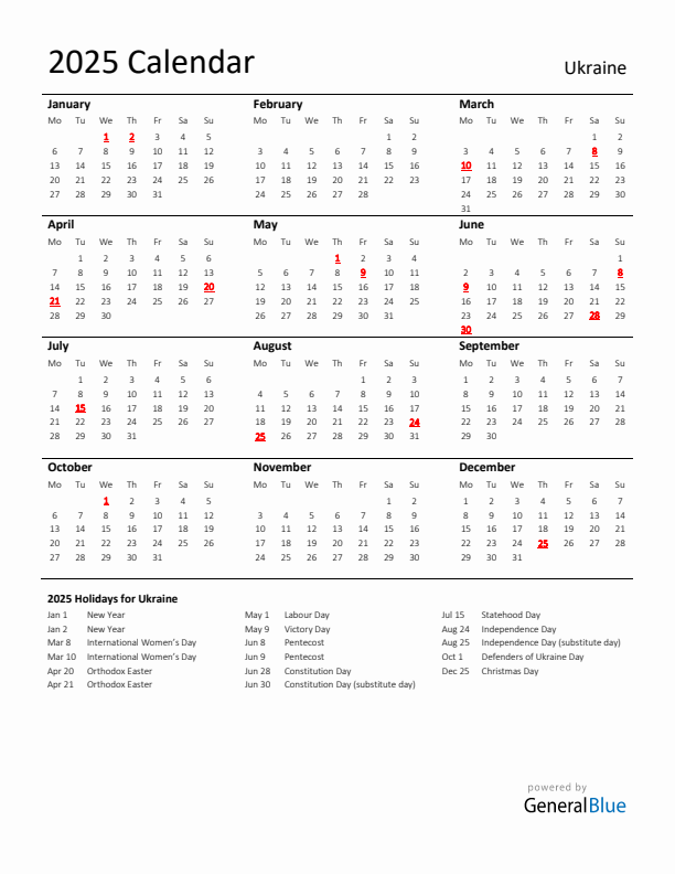 Standard Holiday Calendar for 2025 with Ukraine Holidays