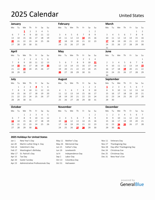 Standard Holiday Calendar for 2025 with United States Holidays