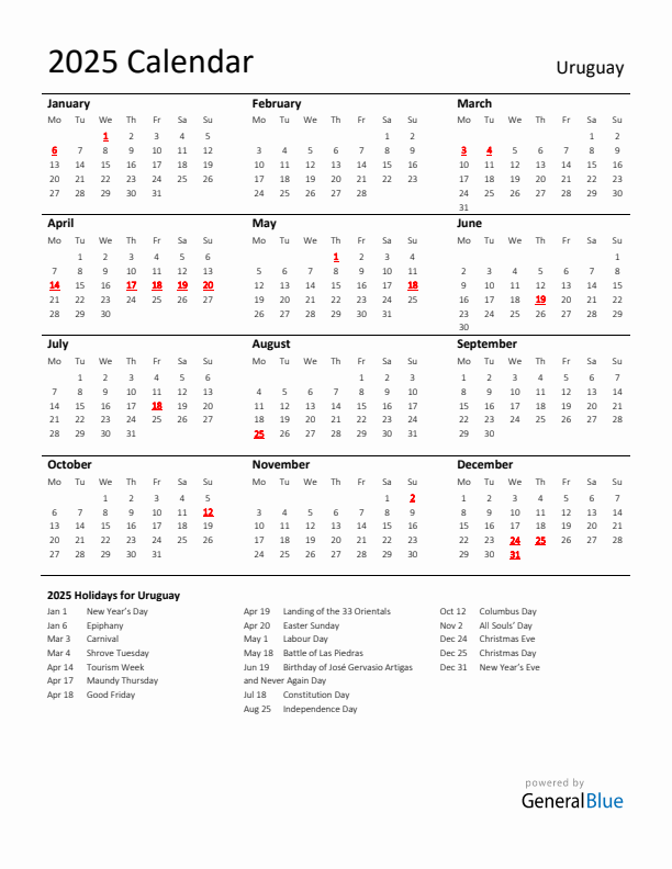 Standard Holiday Calendar for 2025 with Uruguay Holidays