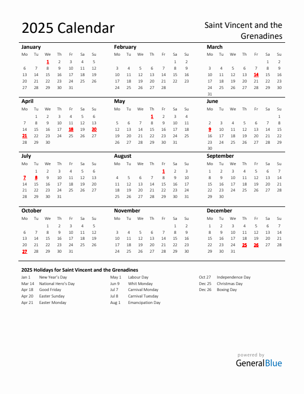 Standard Holiday Calendar for 2025 with Saint Vincent and the Grenadines Holidays 
