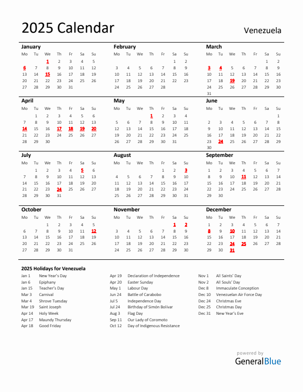 Standard Holiday Calendar for 2025 with Venezuela Holidays