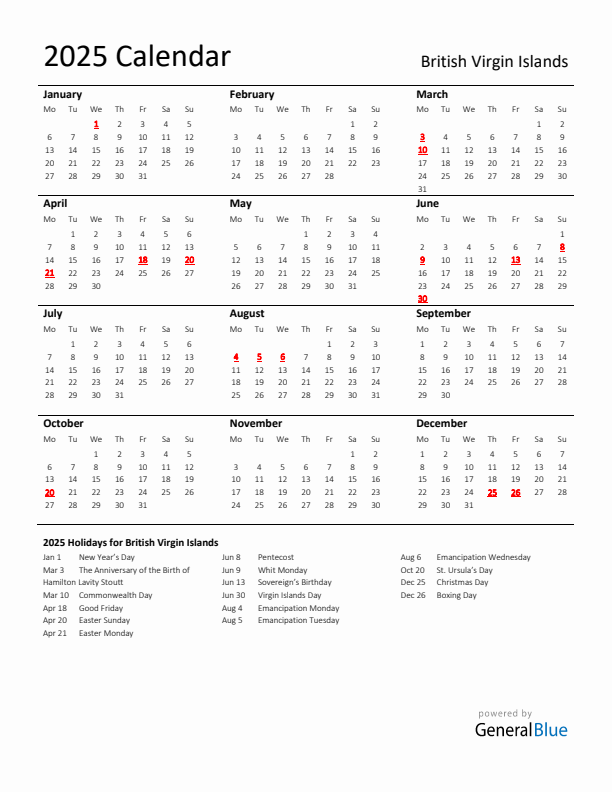 Standard Holiday Calendar for 2025 with British Virgin Islands Holidays 