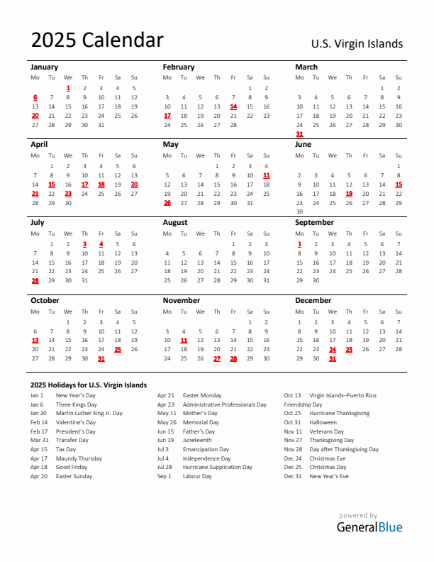 Standard Holiday Calendar for 2025 with U.S. Virgin Islands Holidays 