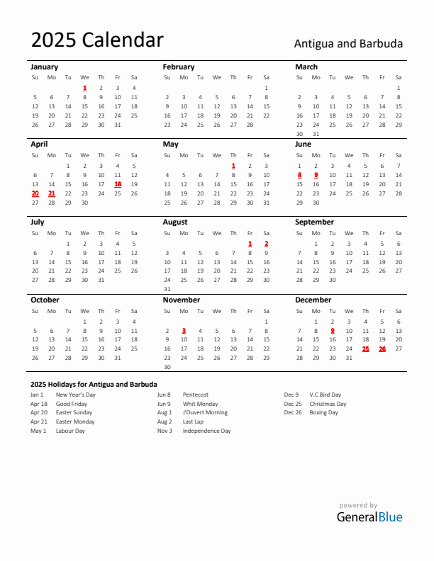 Standard Holiday Calendar for 2025 with Antigua and Barbuda Holidays