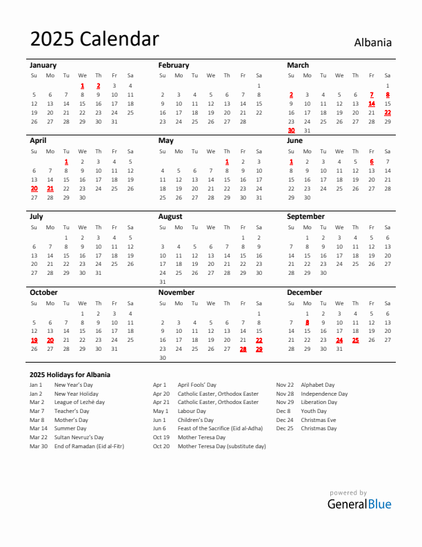 Standard Holiday Calendar for 2025 with Albania Holidays
