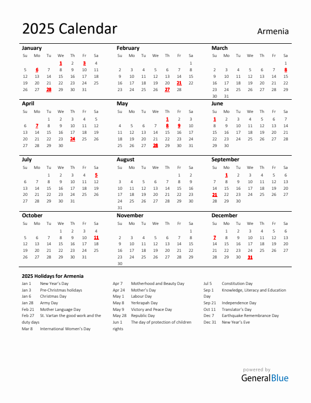 Standard Holiday Calendar for 2025 with Armenia Holidays