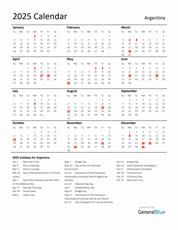 Standard Holiday Calendar for 2025 with Argentina Holidays 
