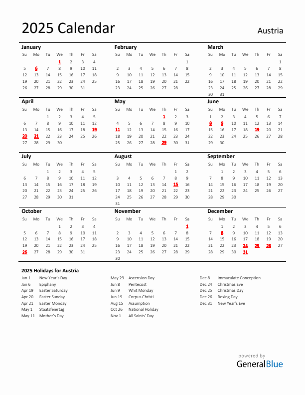 Standard Holiday Calendar for 2025 with Austria Holidays
