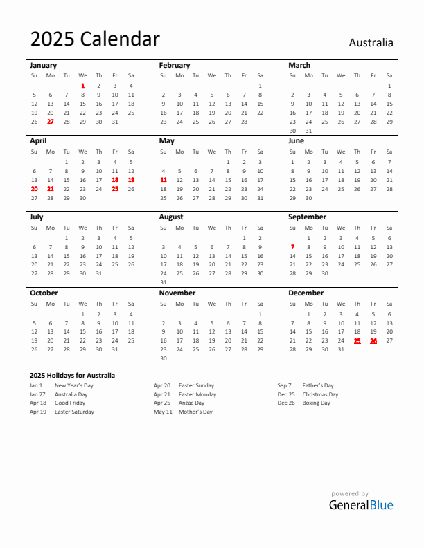 Standard Holiday Calendar for 2025 with Australia Holidays