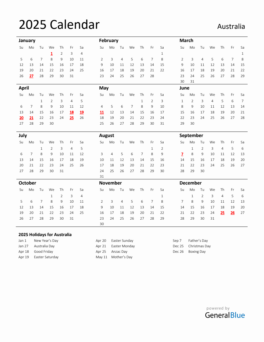 Standard Holiday Calendar for 2025 with Australia Holidays