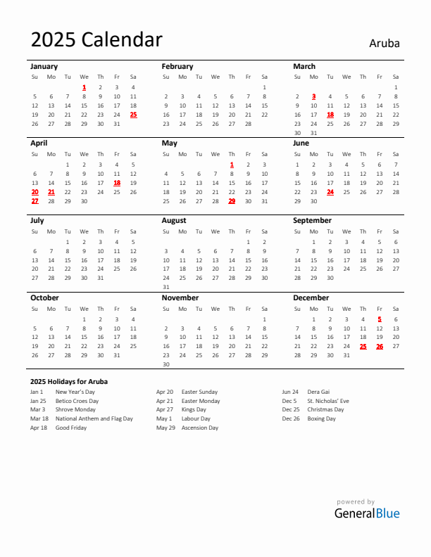 Standard Holiday Calendar for 2025 with Aruba Holidays