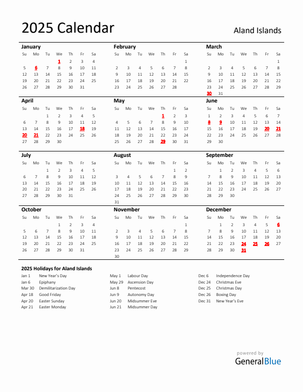 Standard Holiday Calendar for 2025 with Aland Islands Holidays