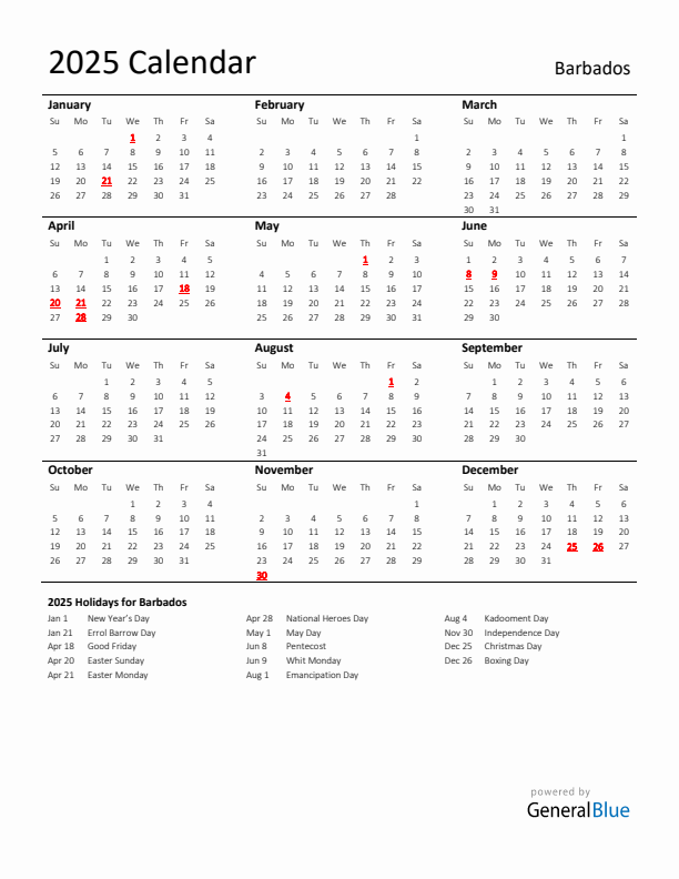 Standard Holiday Calendar for 2025 with Barbados Holidays