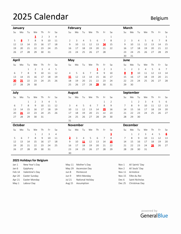 Standard Holiday Calendar for 2025 with Belgium Holidays