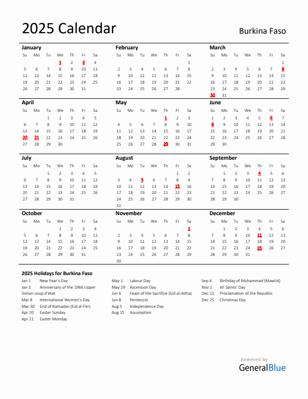 Standard Holiday Calendar for 2025 with Burkina Faso Holidays