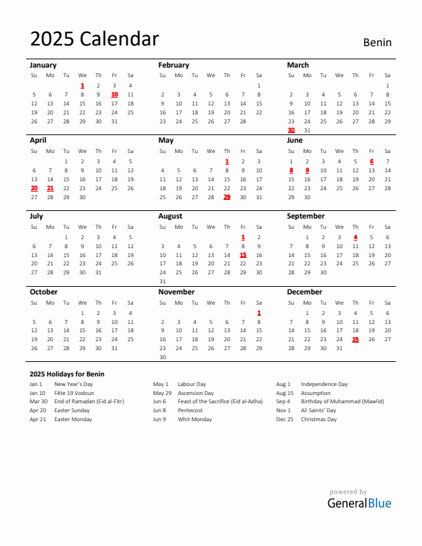 Standard Holiday Calendar for 2025 with Benin Holidays