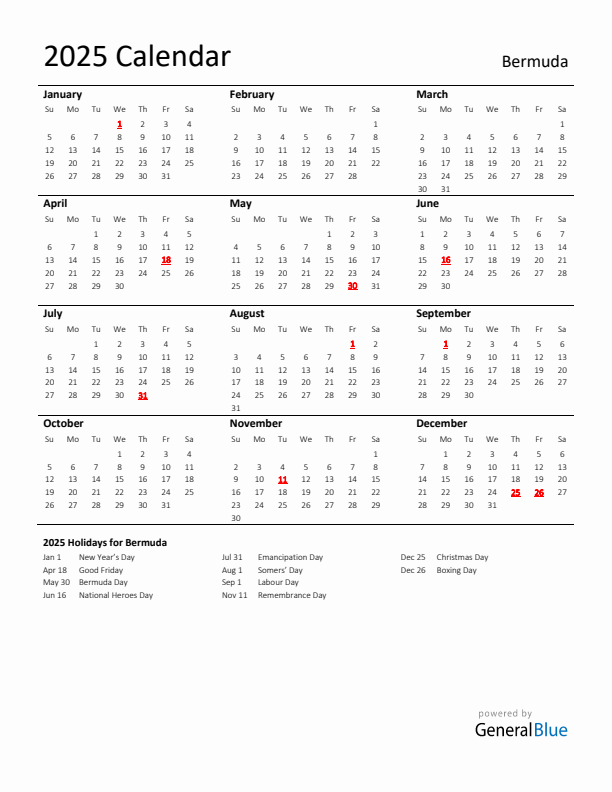 Standard Holiday Calendar for 2025 with Bermuda Holidays