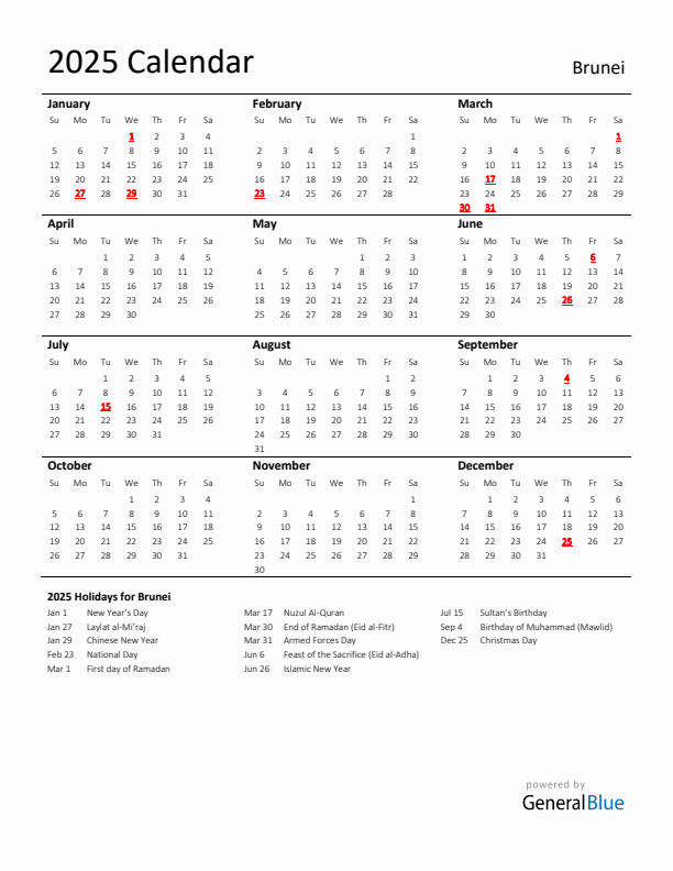 Standard Holiday Calendar for 2025 with Brunei Holidays