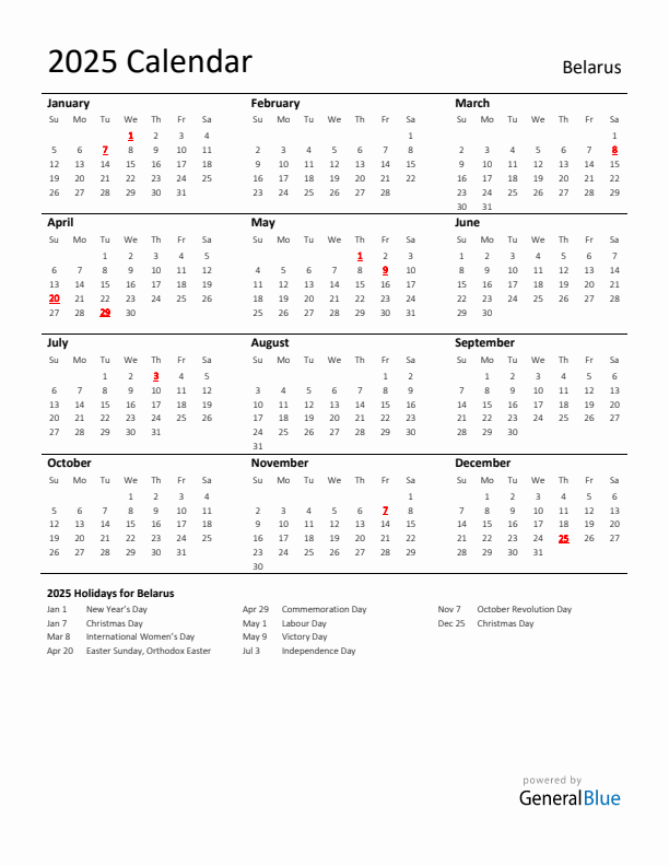 Standard Holiday Calendar for 2025 with Belarus Holidays