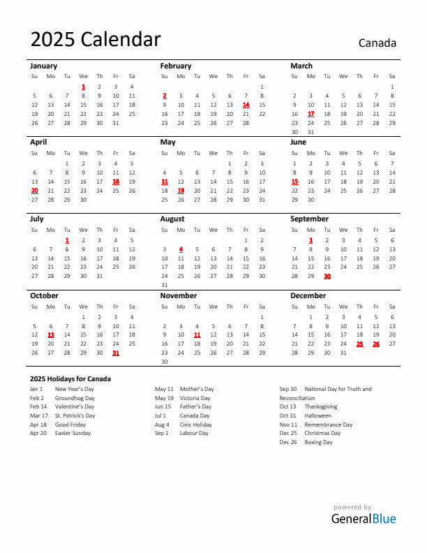 Standard Holiday Calendar for 2025 with Canada Holidays