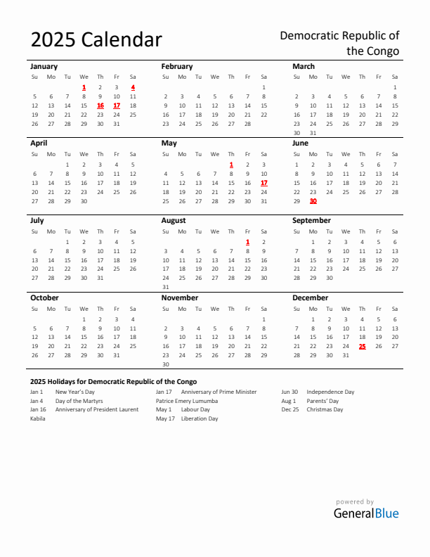 Standard Holiday Calendar for 2025 with Democratic Republic of the Congo Holidays 