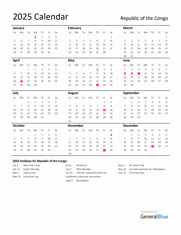 Standard Holiday Calendar for 2025 with Republic of the Congo Holidays 