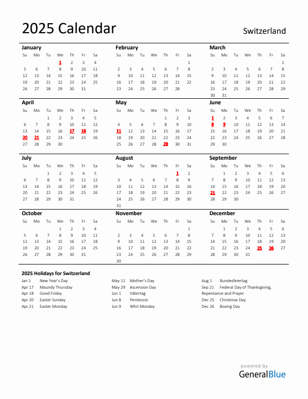 Standard Holiday Calendar for 2025 with Switzerland Holidays