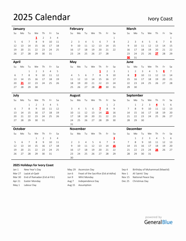 Standard Holiday Calendar for 2025 with Ivory Coast Holidays 