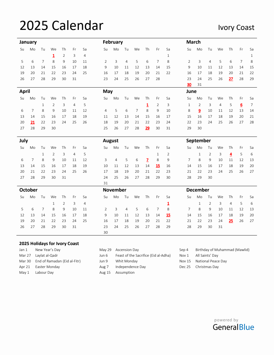 Standard Holiday Calendar for 2025 with Ivory Coast Holidays