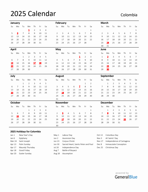 Standard Holiday Calendar for 2025 with Colombia Holidays