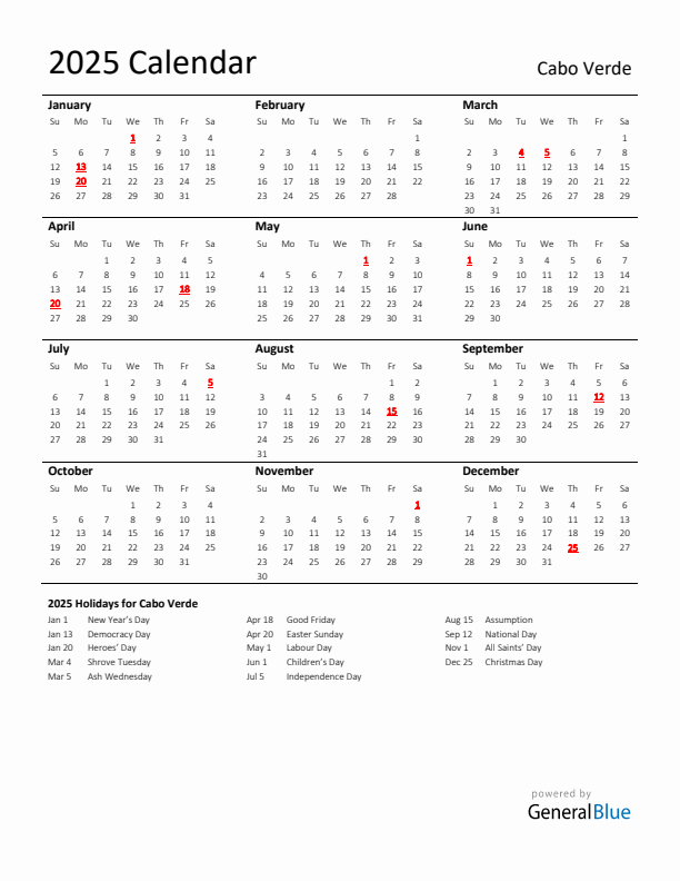 Standard Holiday Calendar for 2025 with Cabo Verde Holidays