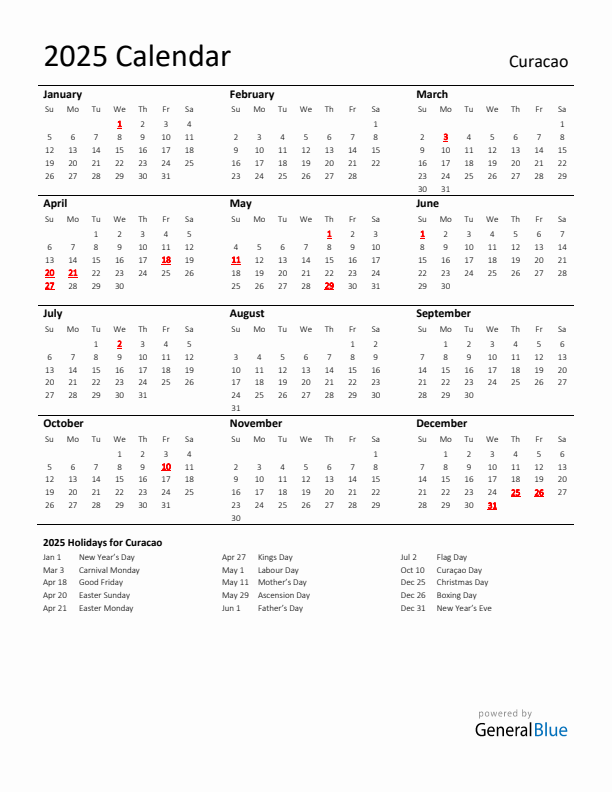 Standard Holiday Calendar for 2025 with Curacao Holidays